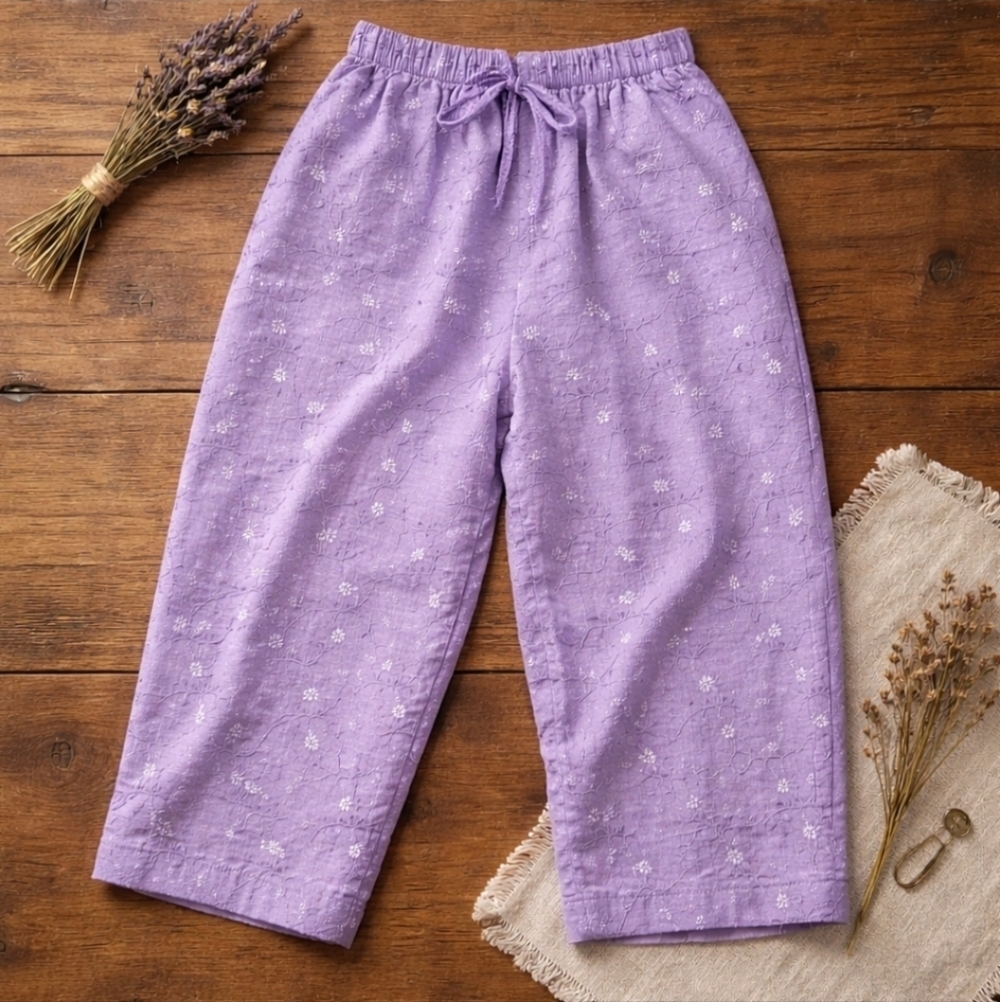 Vintage Sacred Threads Lavender All-Over Embroidered Cotton Crop Pants L